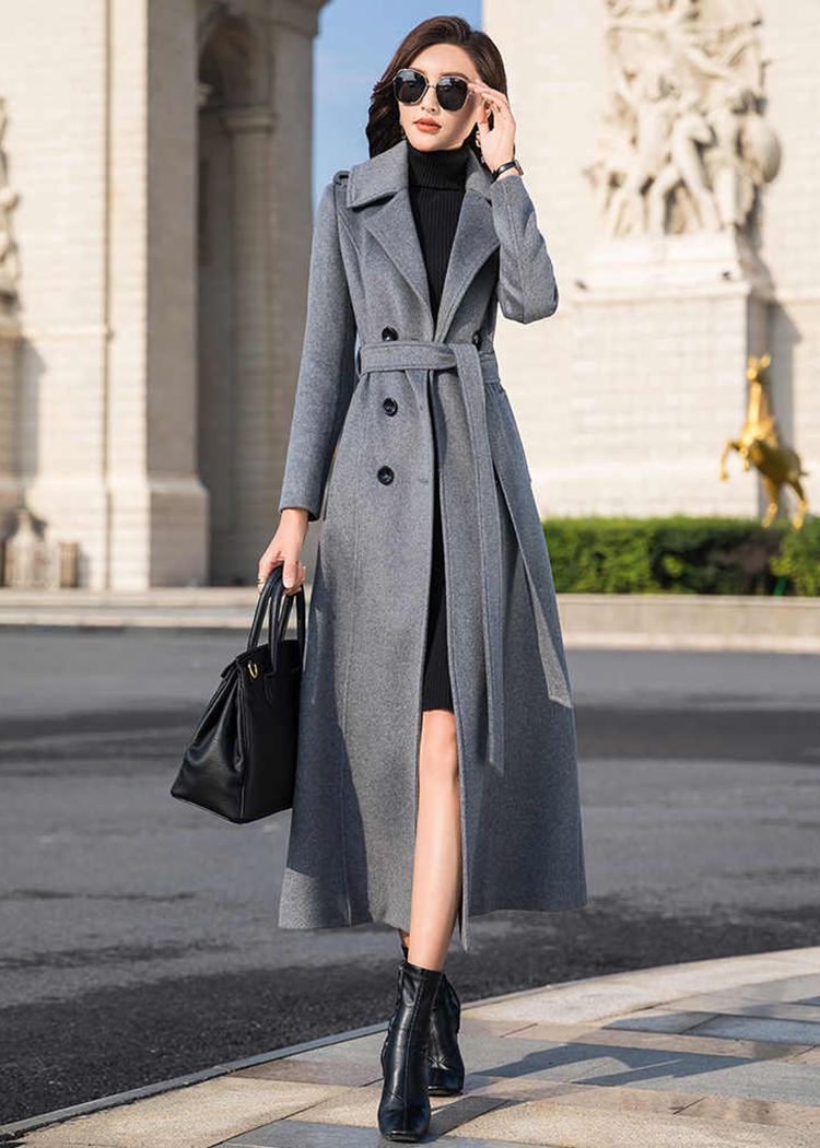 Gray Double Breasted Belted Wool Blend Long Coat – Vivian Seven