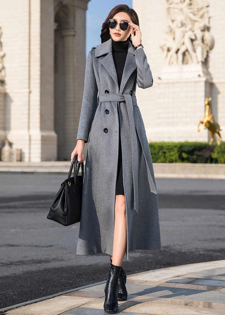 Women's Gray Double Breasted Belted Wool Blend Long Coat