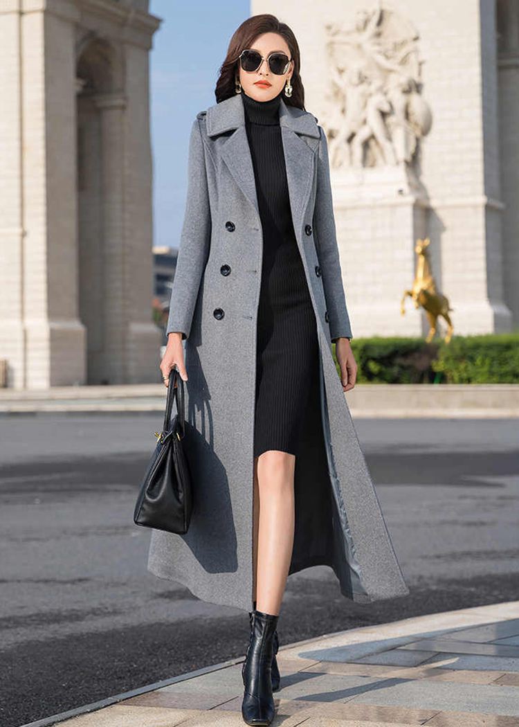 Women's Gray Double Breasted Belted Wool Blend Long Coat