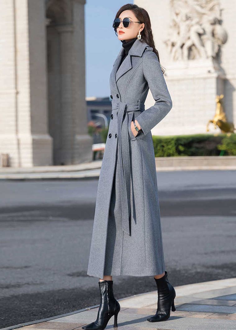 Gray Double Breasted Belted Wool Blend Long Coat – Vivian Seven
