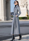 Women's Gray Double Breasted Belted Wool Blend Long Coat