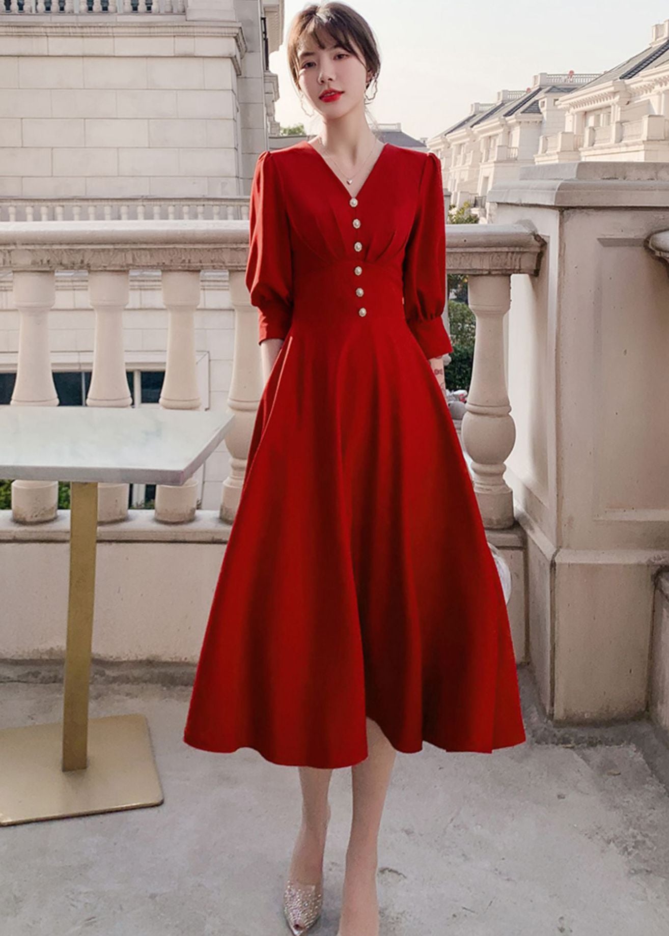 Puff Sleeve Beaded Fit & Flare Long Dress | Handmade XS / Midi length Puff Sleeve Beaded Fit & Flare Long Dress | Handmade XS / Midi length