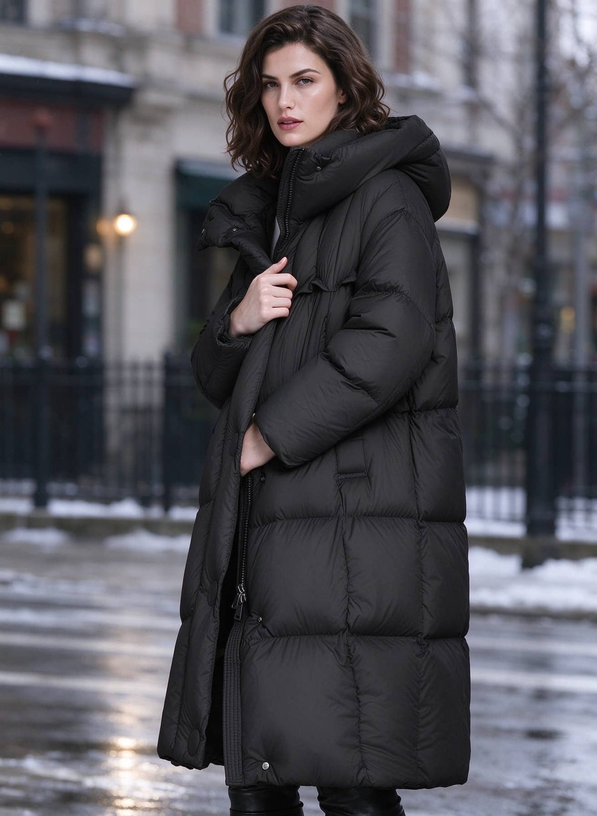 Three-quarter shot of woman holding lapel wearing open black longline down puffer parka