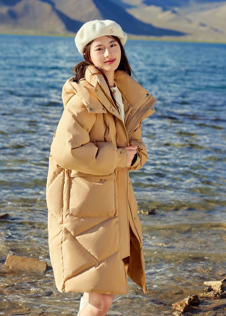 beige hooded down coat women