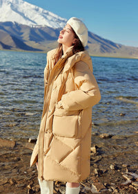 beige hooded down overcoat women