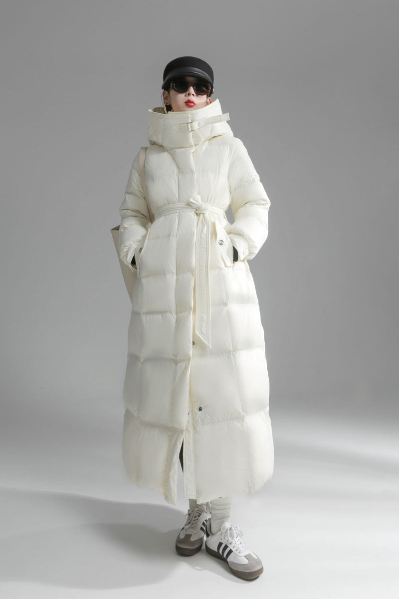 white hooded down coat