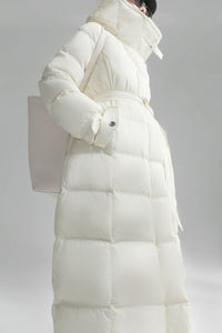 white hooded long down coat