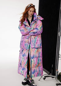 Women's Winter Colorful Doodle Hooded Long Down Puffer Coat