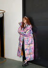 Women's Winter Colorful Doodle Hooded Long Down Puffer Coat