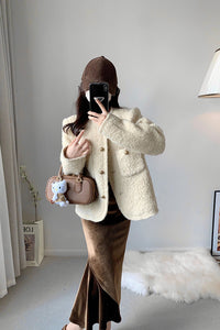 Women's Ivory Wool Blend Fleece Short Jacket