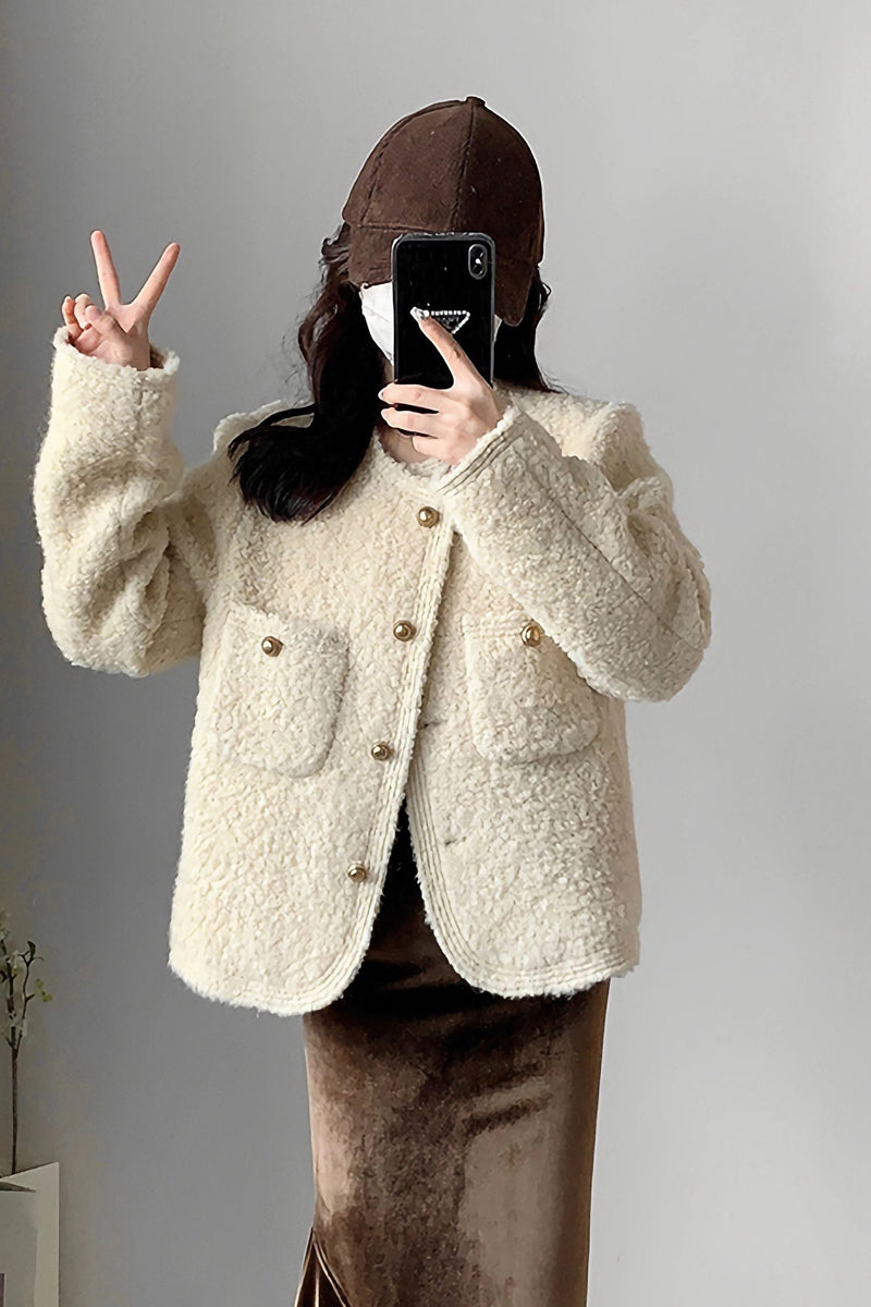 Women's Ivory Wool Blend Fleece Short Jacket