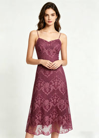Elegant Plum Floral Lace A-Line Spaghetti Strap Midi Dress