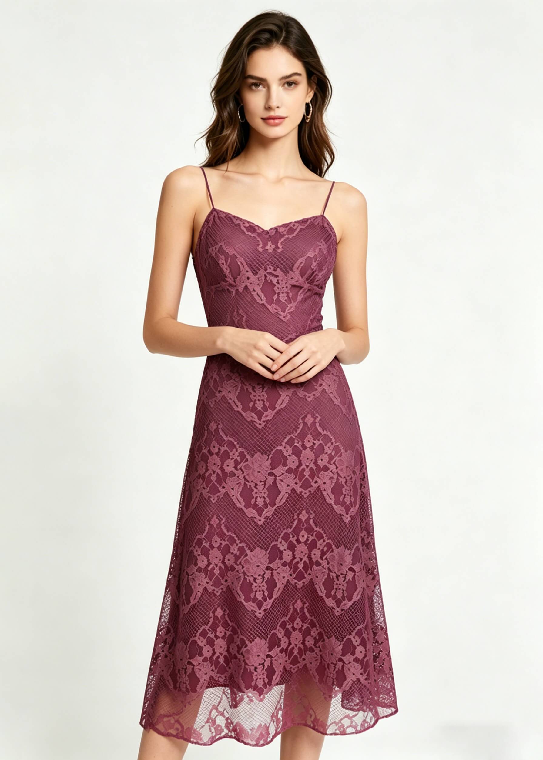 Elegant Plum Floral Lace A-Line Spaghetti Strap Midi Dress