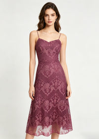 Elegant Plum Floral Lace A-Line Spaghetti Strap Midi Dress