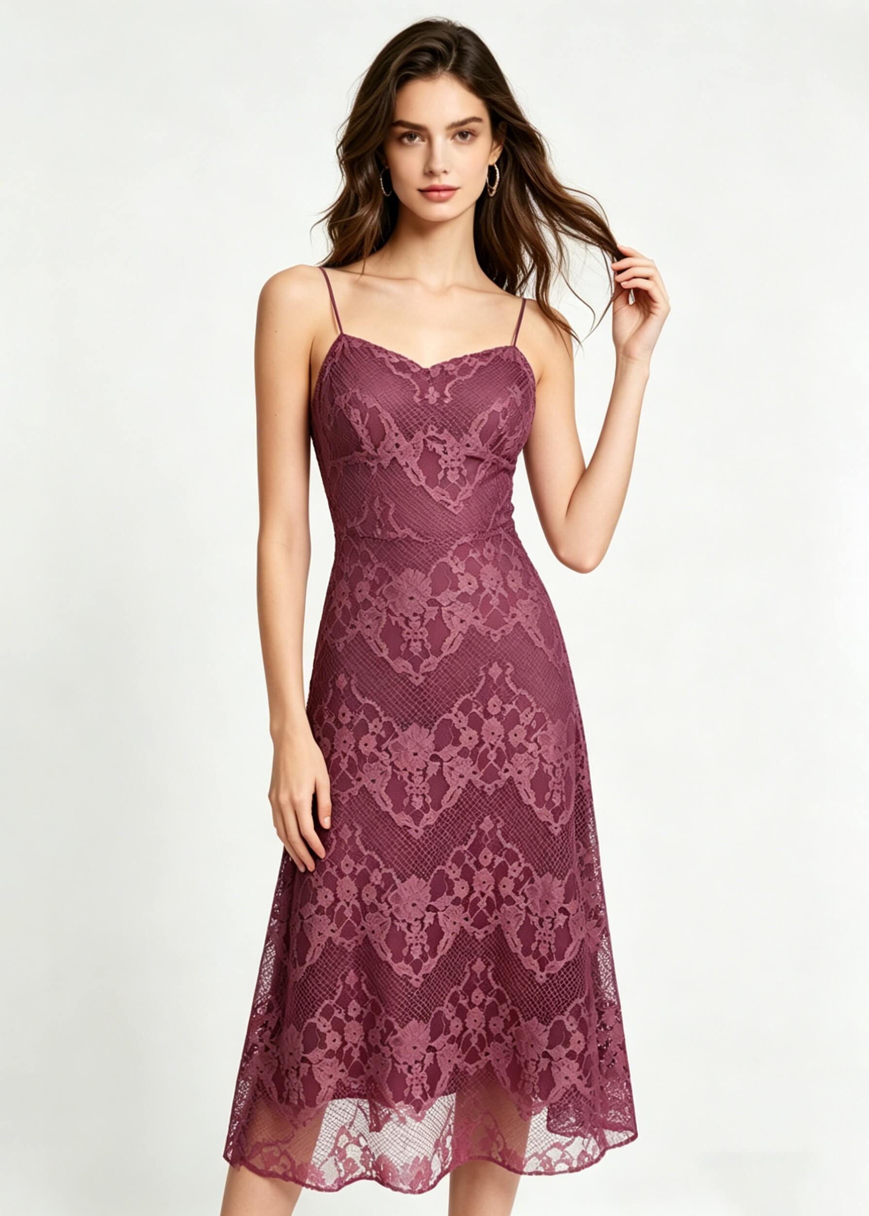 Elegant Plum Floral Lace A-Line Spaghetti Strap Midi Dress