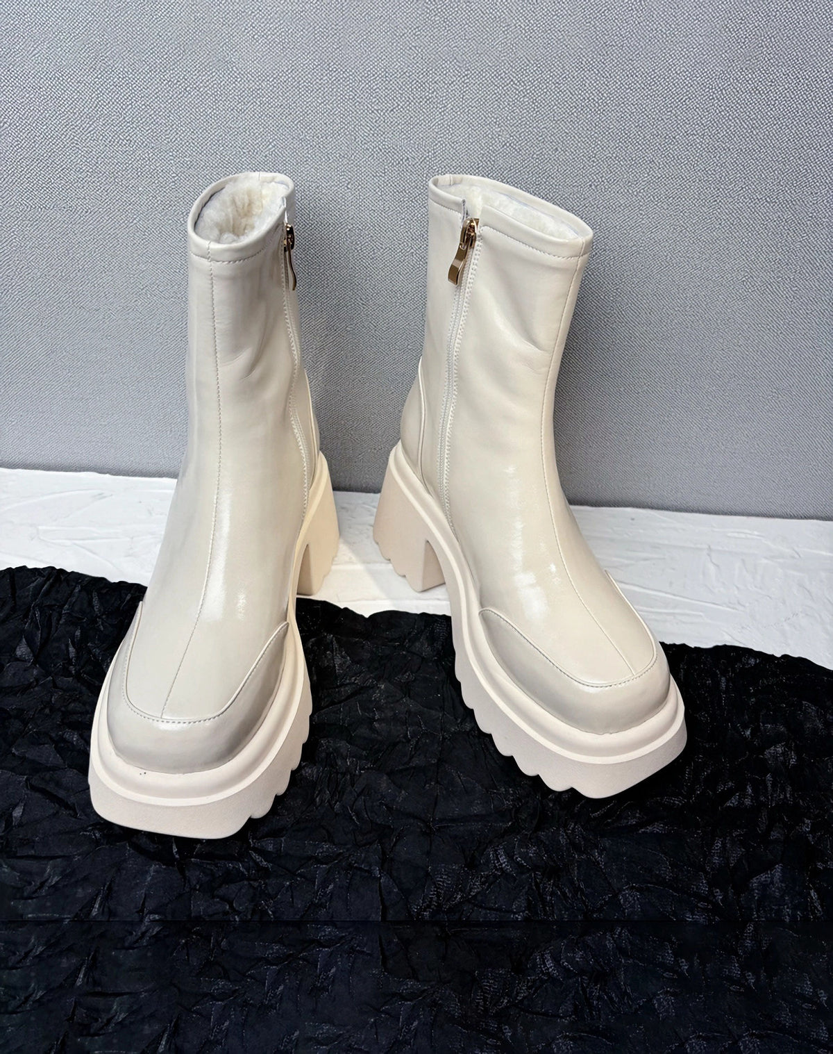 White Leather Fur Boots Women