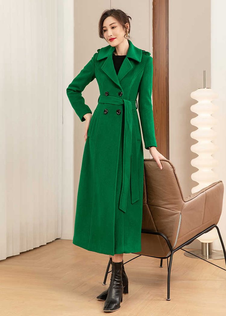 Women's Green Double Breasted Wool Blend Long Coat