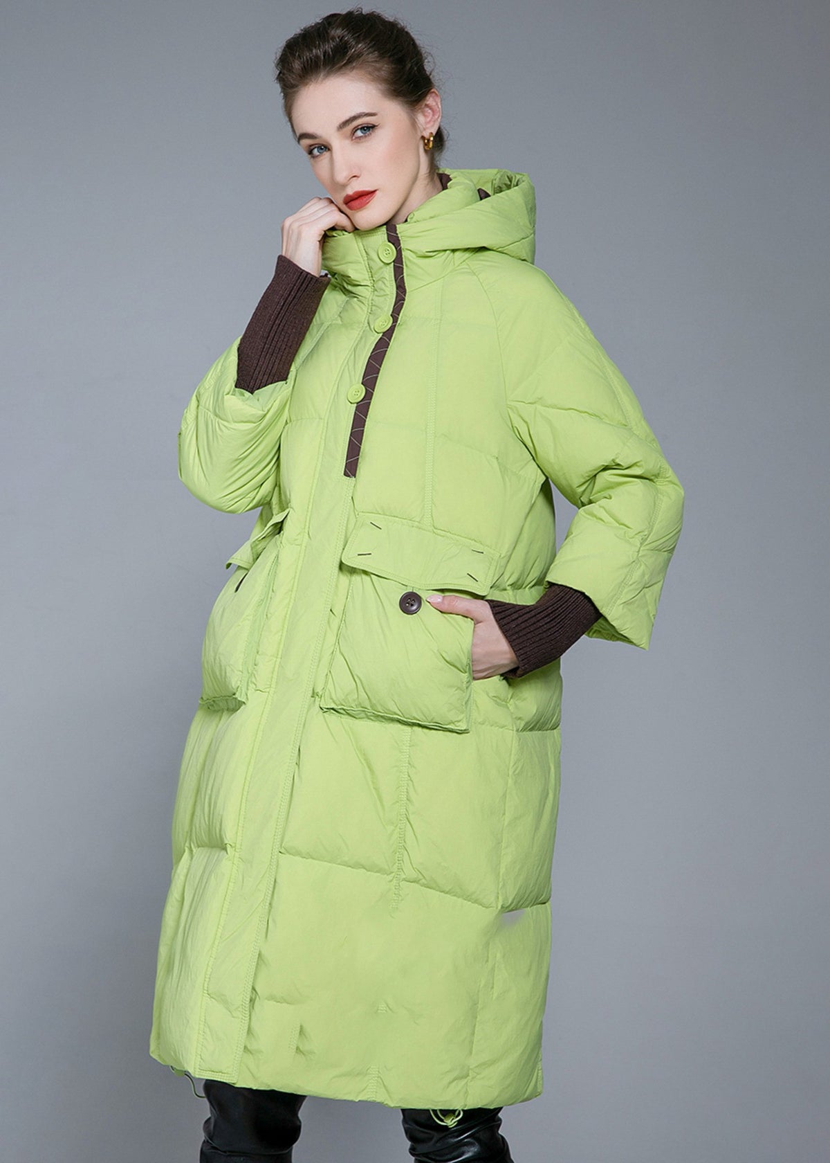 Women's Winter Light Green Rib Knit Cuff Hooded Down Puffer Coat