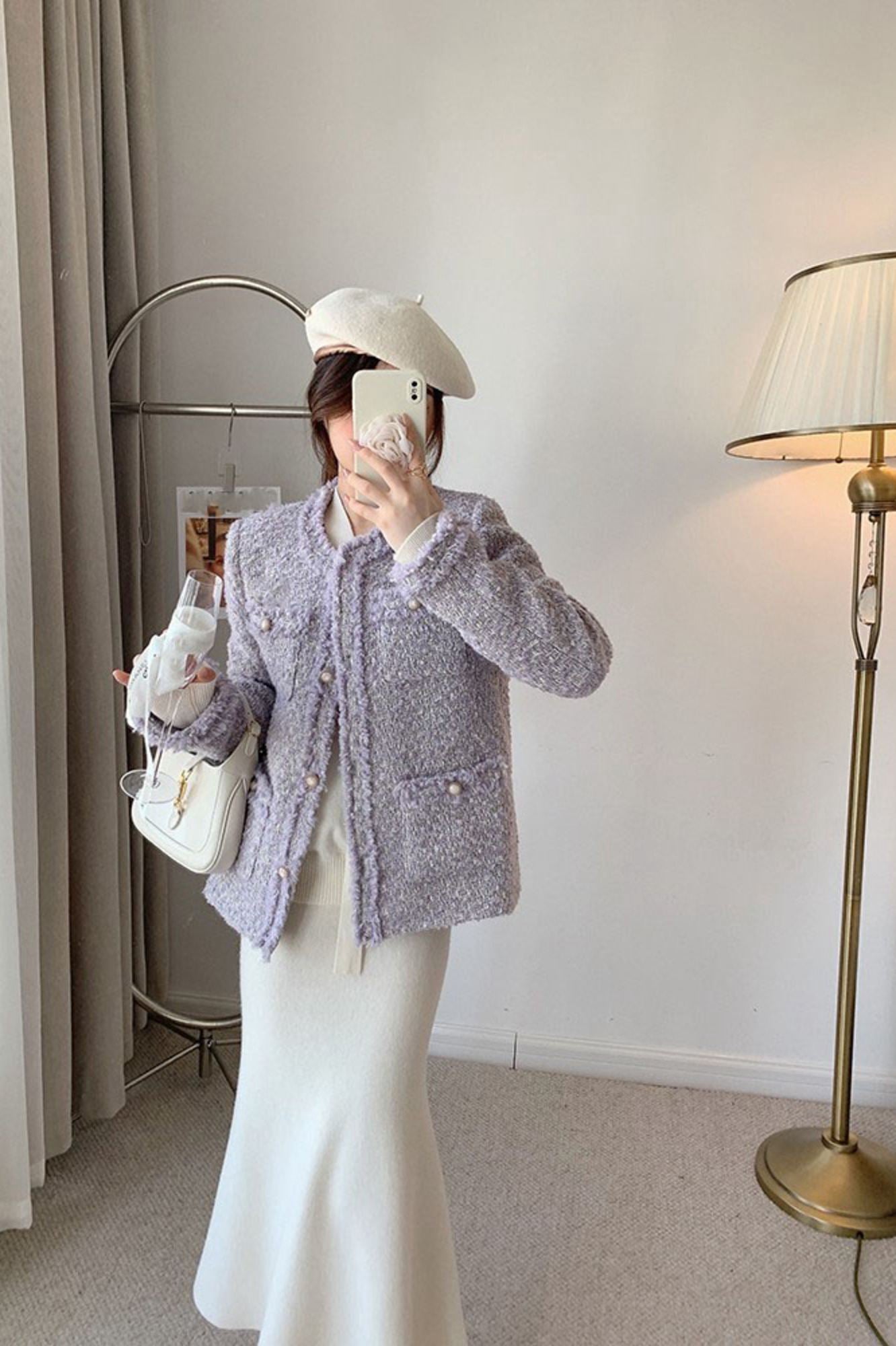 Light Purple Wool Blend Tweed Short Pocket Jacket – Vivian Seven
