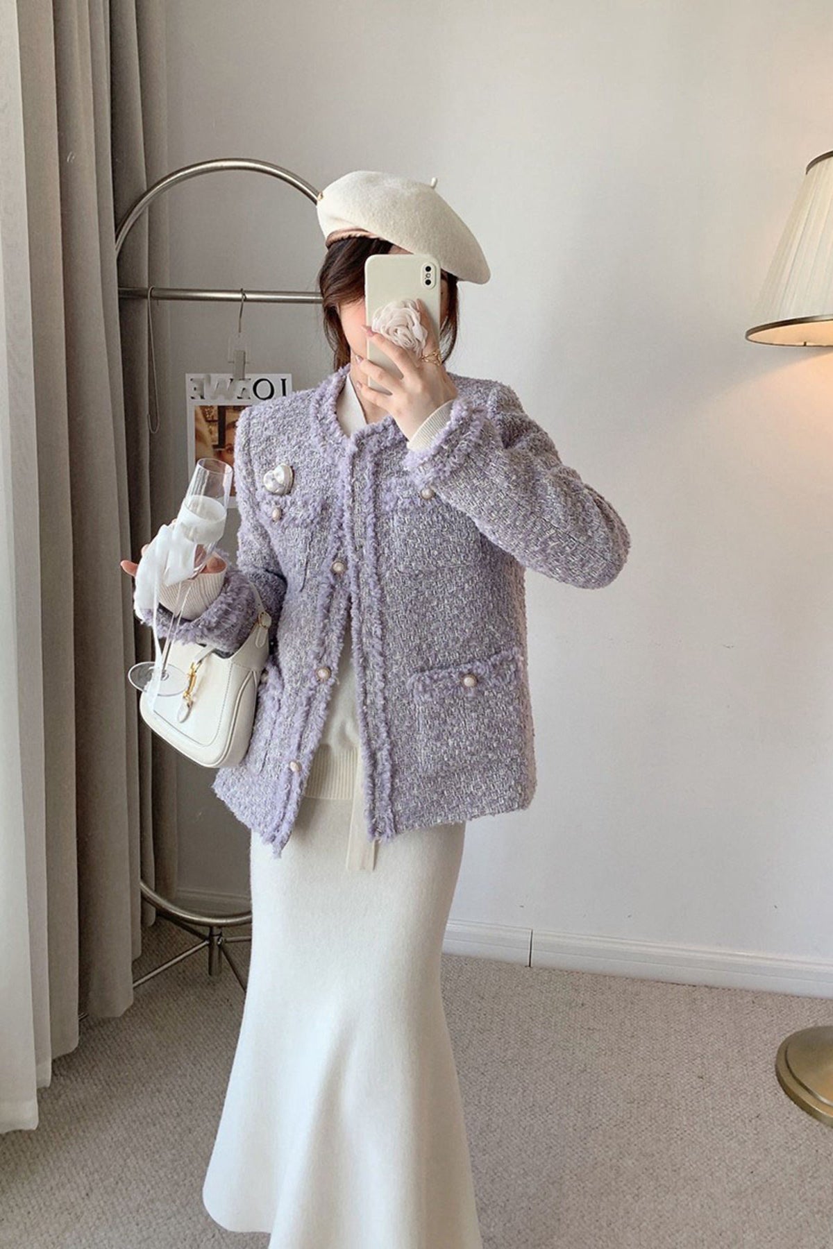 Women's Light Purple Wool Blend Tweed Short Pocket Jacket