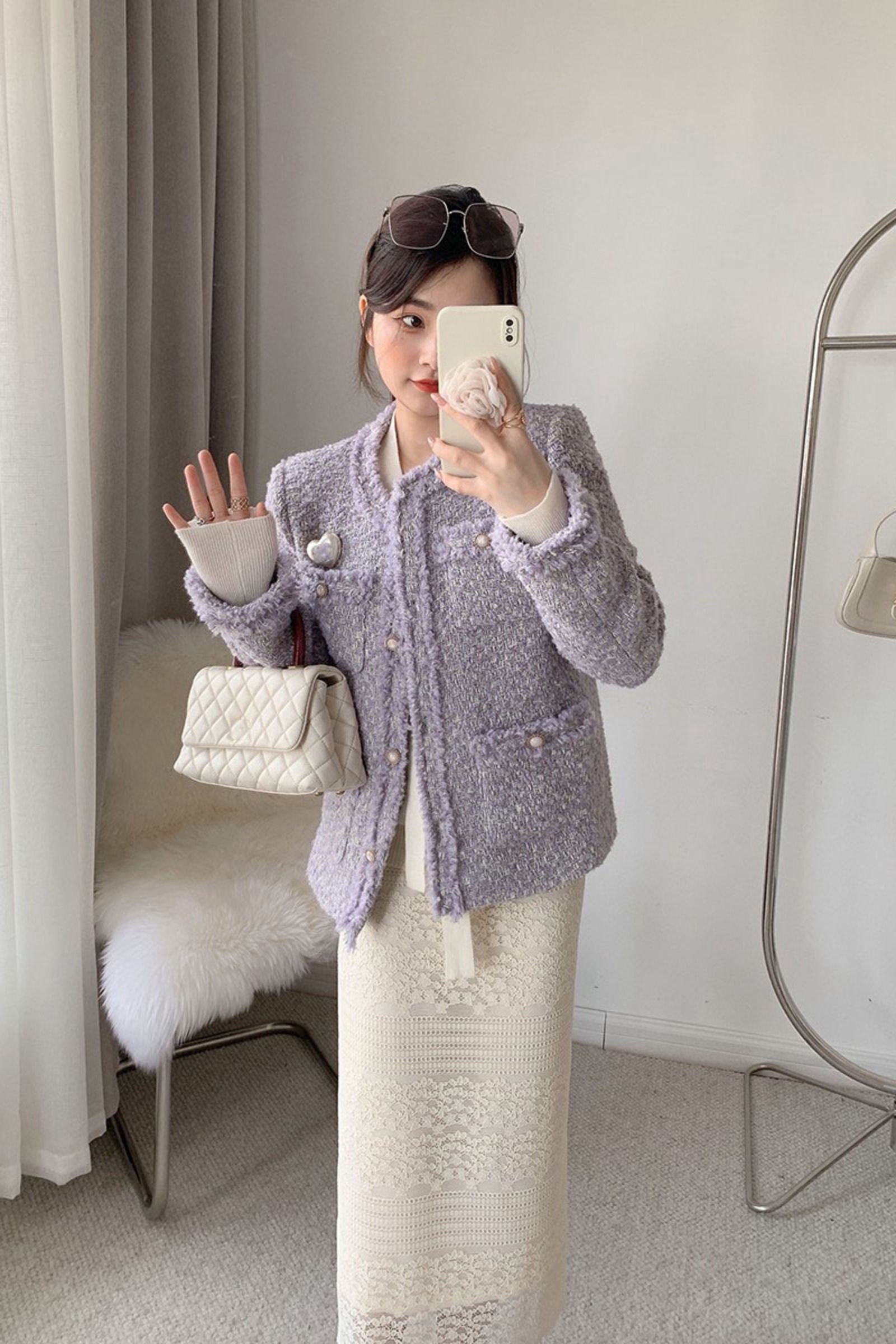 Light Purple Wool Blend Tweed Short Pocket Jacket – Vivian Seven