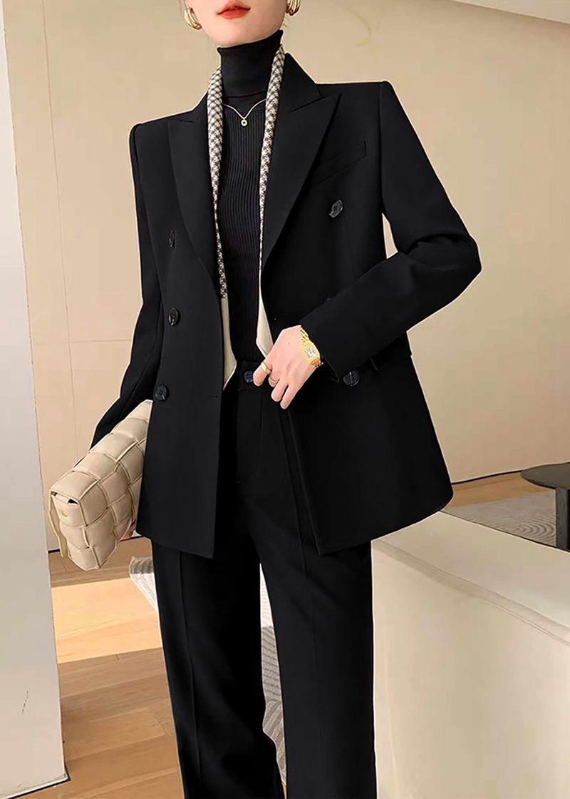 Black Double Breasted Blazer Pants Suit Two-Piece Set | Vivian Seven