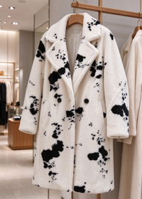 Luxury boutique showroom display of the black and white monochrome cow print faux shearling midi coat hanging on a wooden hanger. 