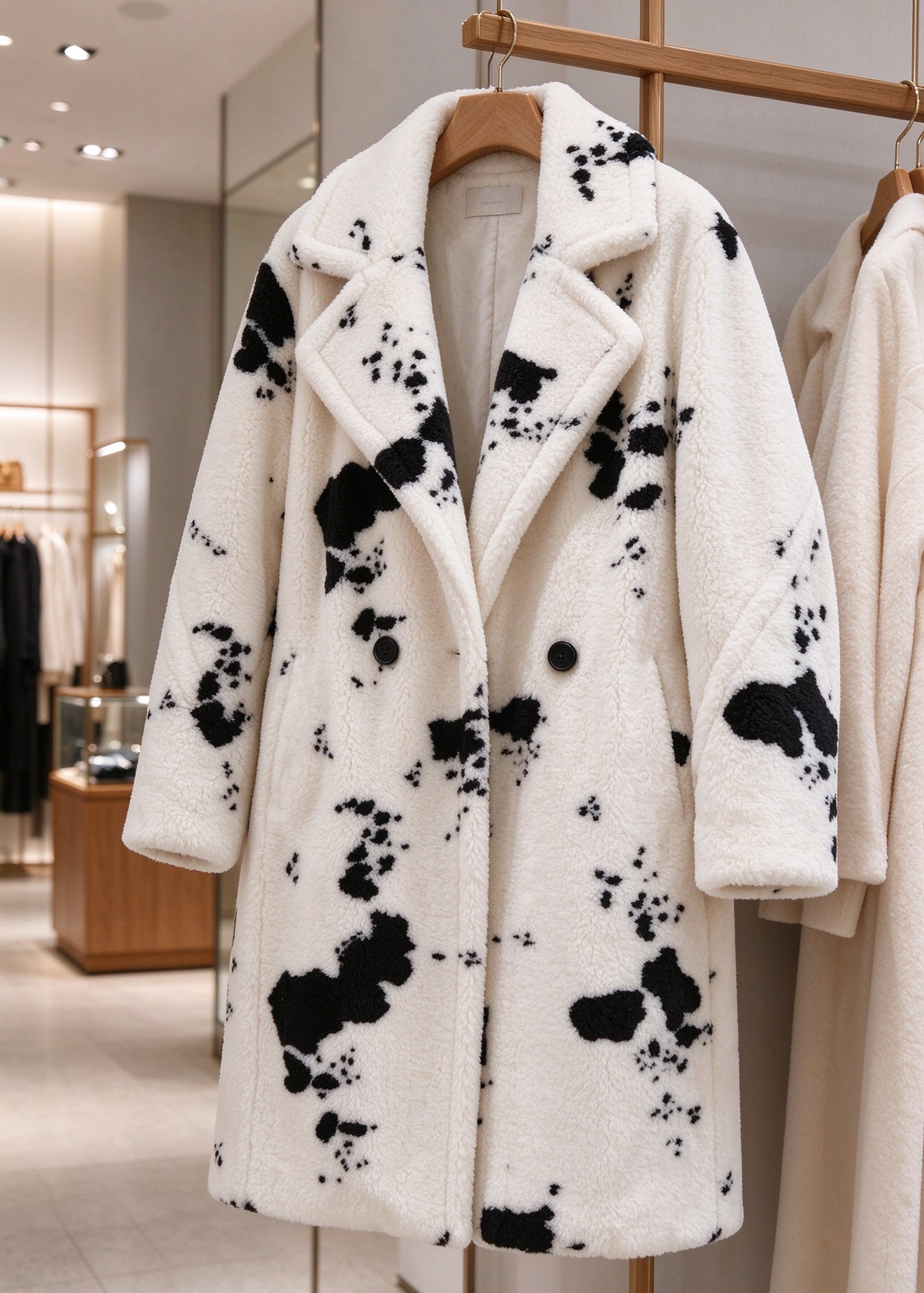 Luxury boutique showroom display of the black and white monochrome cow print faux shearling midi coat hanging on a wooden hanger. 