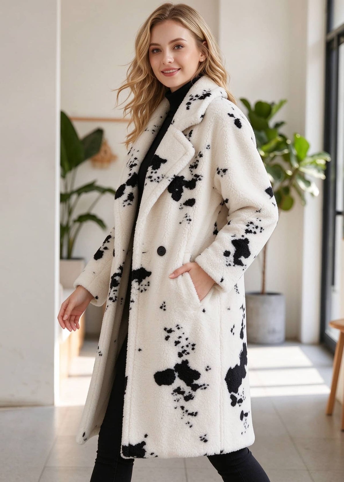 Front-facing walking pose of a woman modeling the oversized monochrome cow print notch lapel midi coat indoors. 