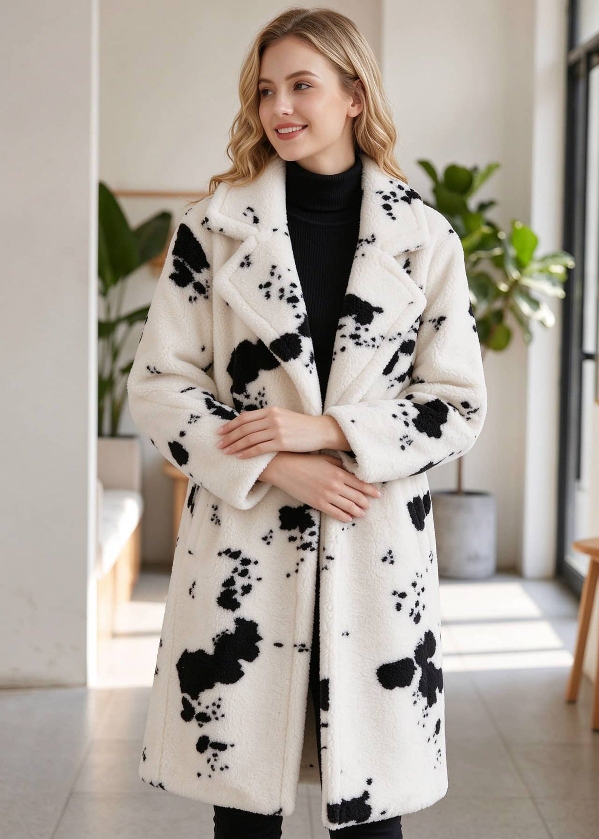 A woman wearing a long white faux-fur coat with black abstract splatter patterns, styled over a black turtleneck in a bright indoor setting.