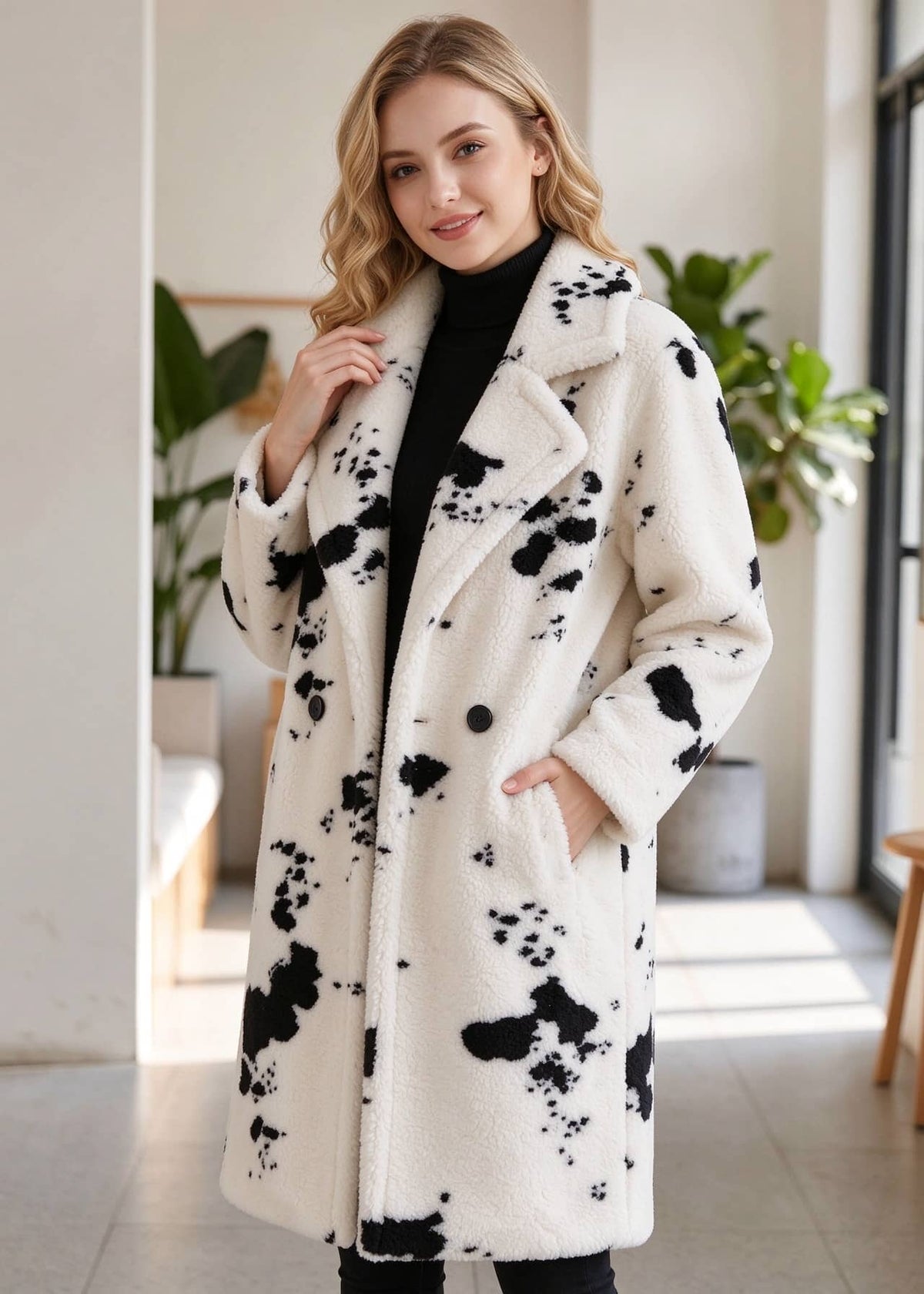 Three-quarter candid indoor portrait of a smiling woman posing in a warm black and white cow print faux shearling midi coat. 