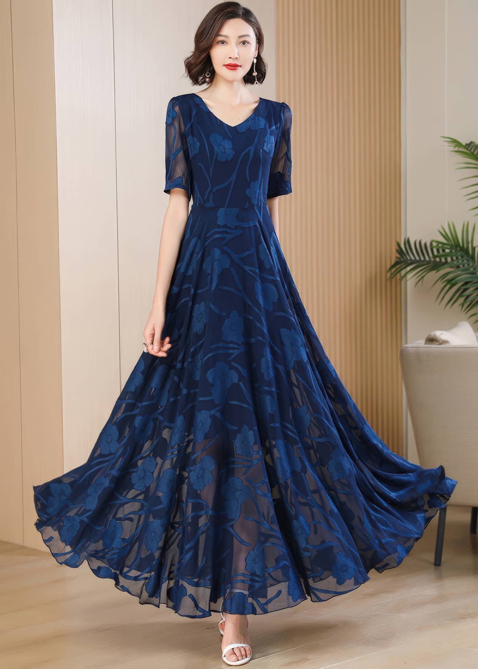 Navy Blue Floral Burnout Maxi Dress