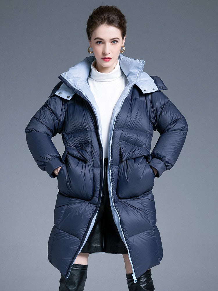 Women's Winter Navy Blue Utility Pocket Hooded Down Puffer Coat