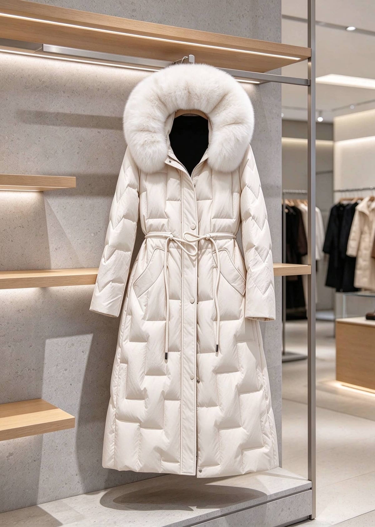 Off White Vivian Seven genuine leather long puffer down coat with matching fur trim hood on display hanger