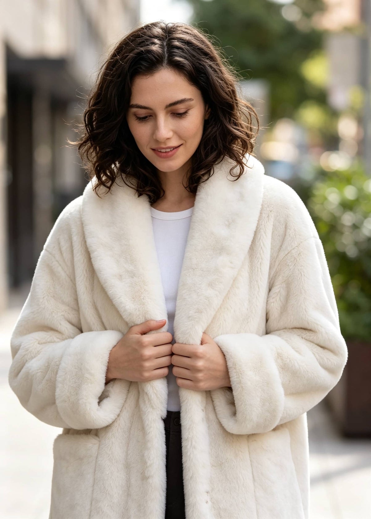 Front close-up portrait of a woman lightly holding the lapels of a warm off-white faux fur coat with folded turn-back cuffs.   