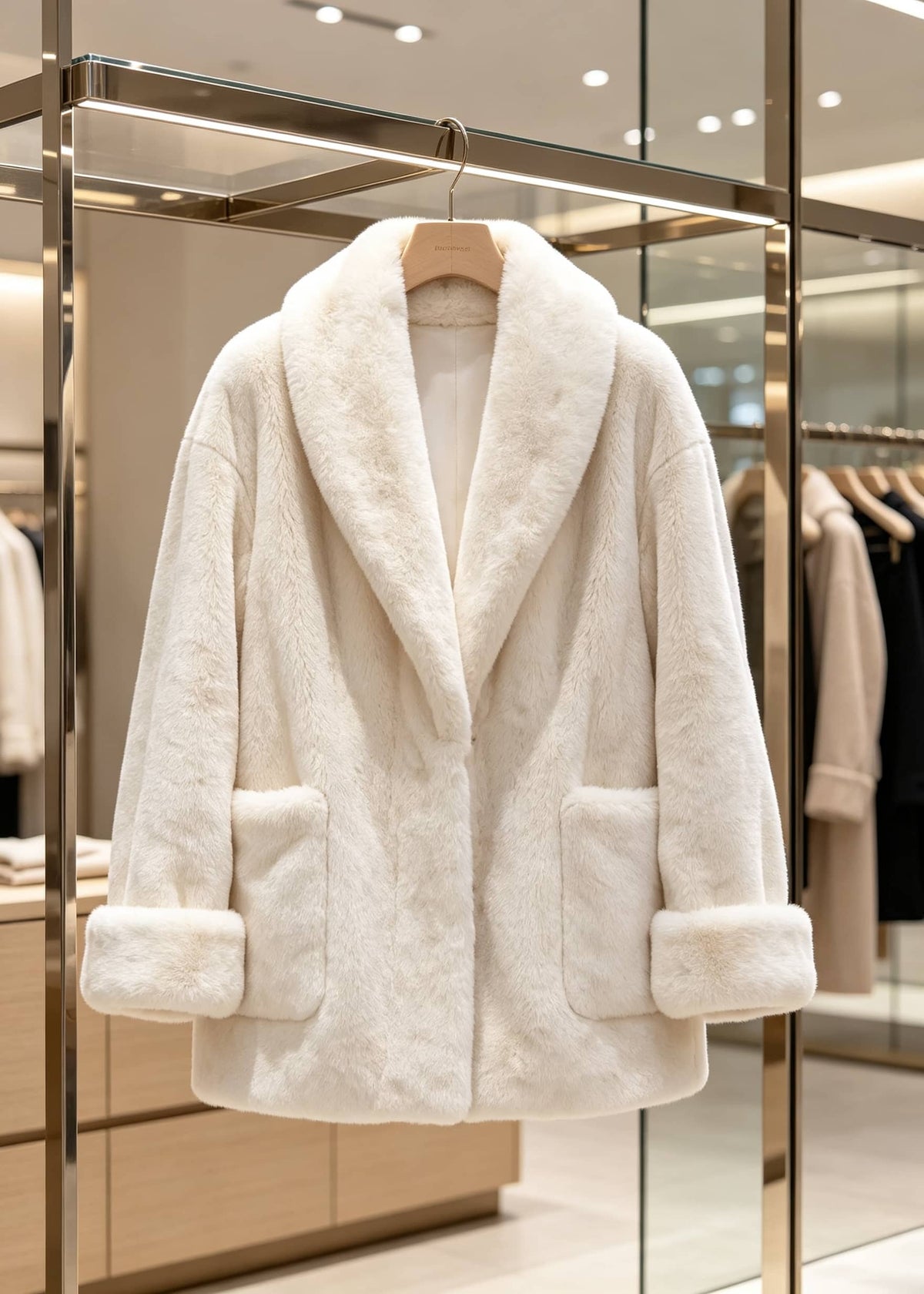 Retail display rack shot of the off-white shawl-collar faux fur coat hanging on a wooden hanger against boutique mirrors.