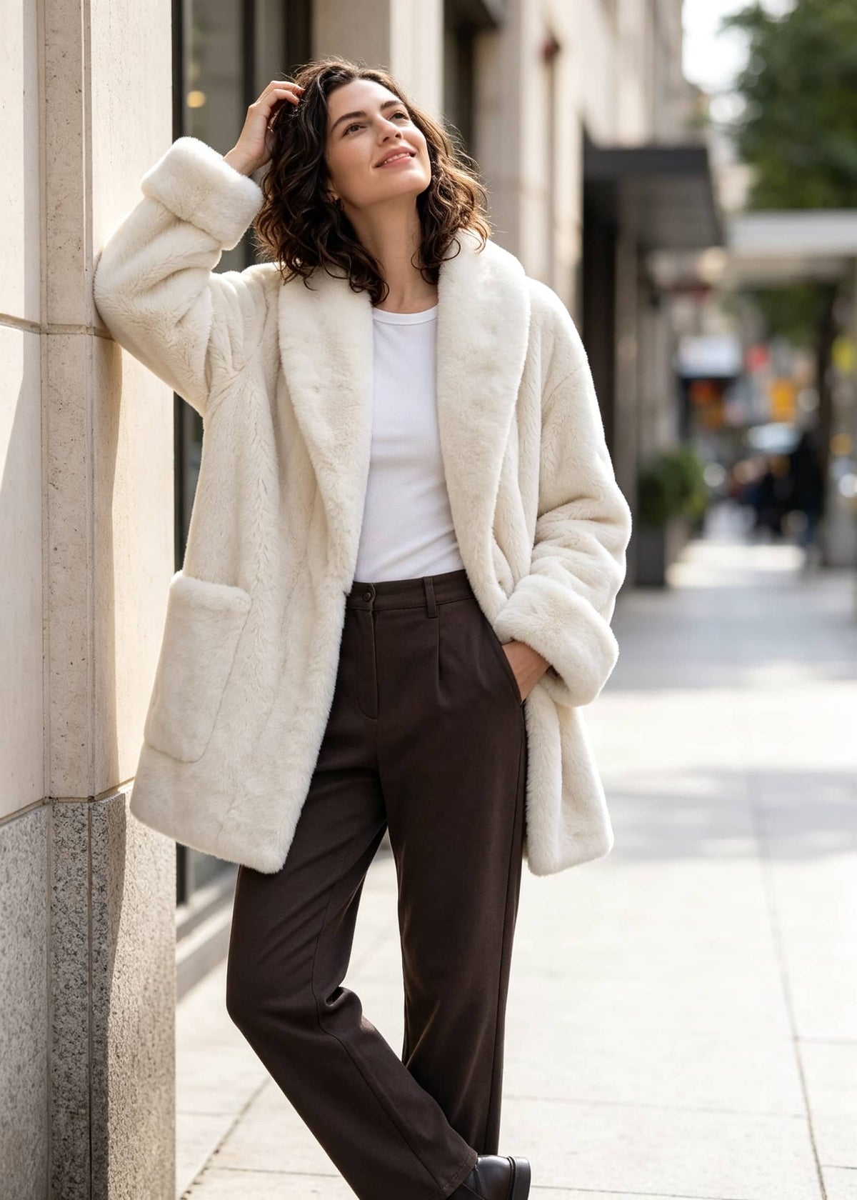 Full-length side pose of a smiling woman leaning against a wall wearing an open off-white faux fur coat with patch pockets.   