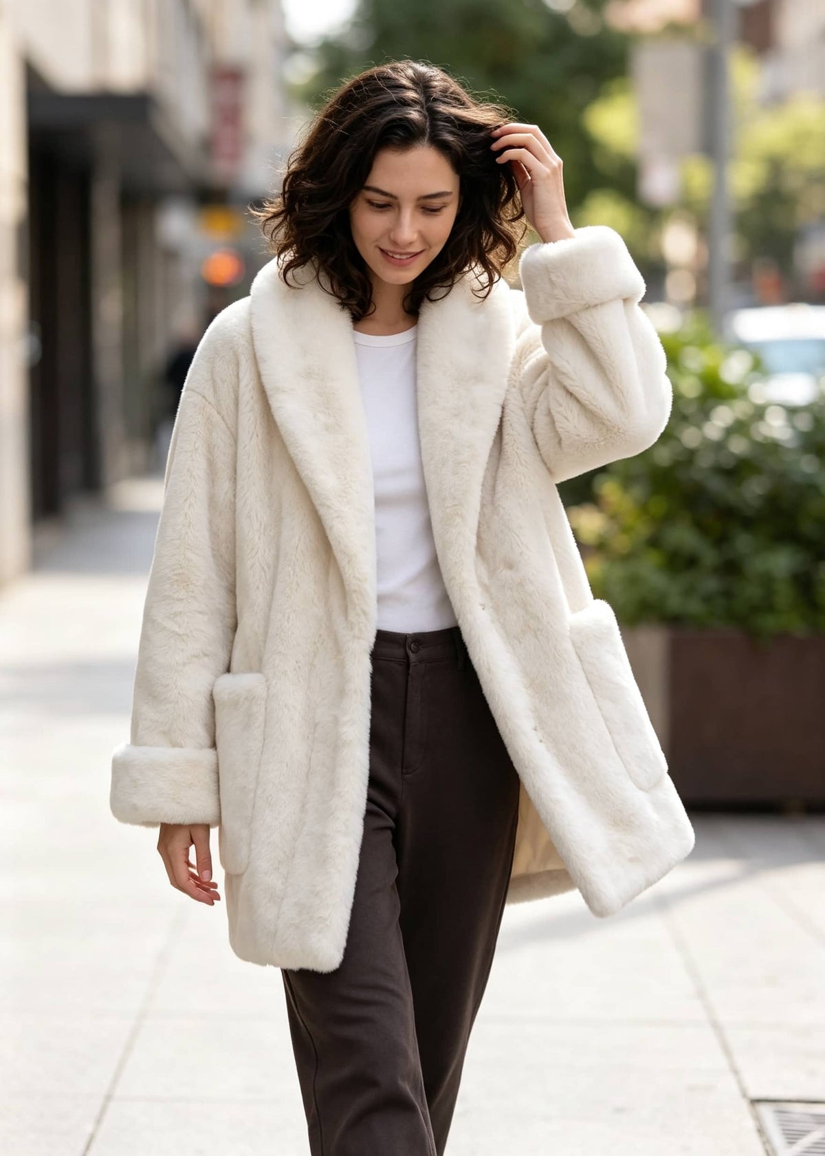 A woman walking on a city sidewalk wearing a plush cream-colored faux fur coat over a white top and dark brown pants.