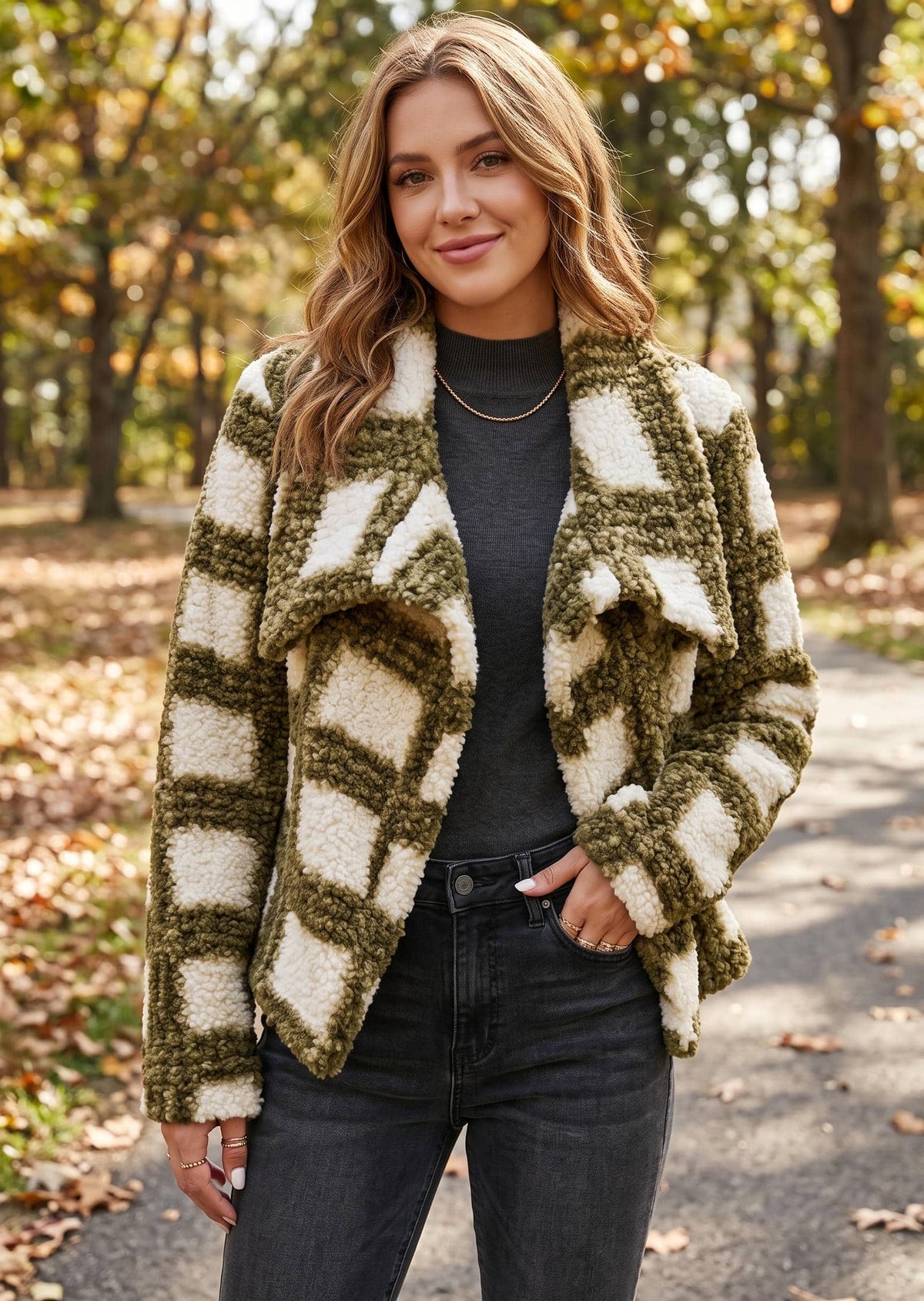 A woman wearing a fuzzy green and cream checkered jacket, a dark gray turtleneck, and black jeans, standing on an outdoor path with autumn trees in the background.