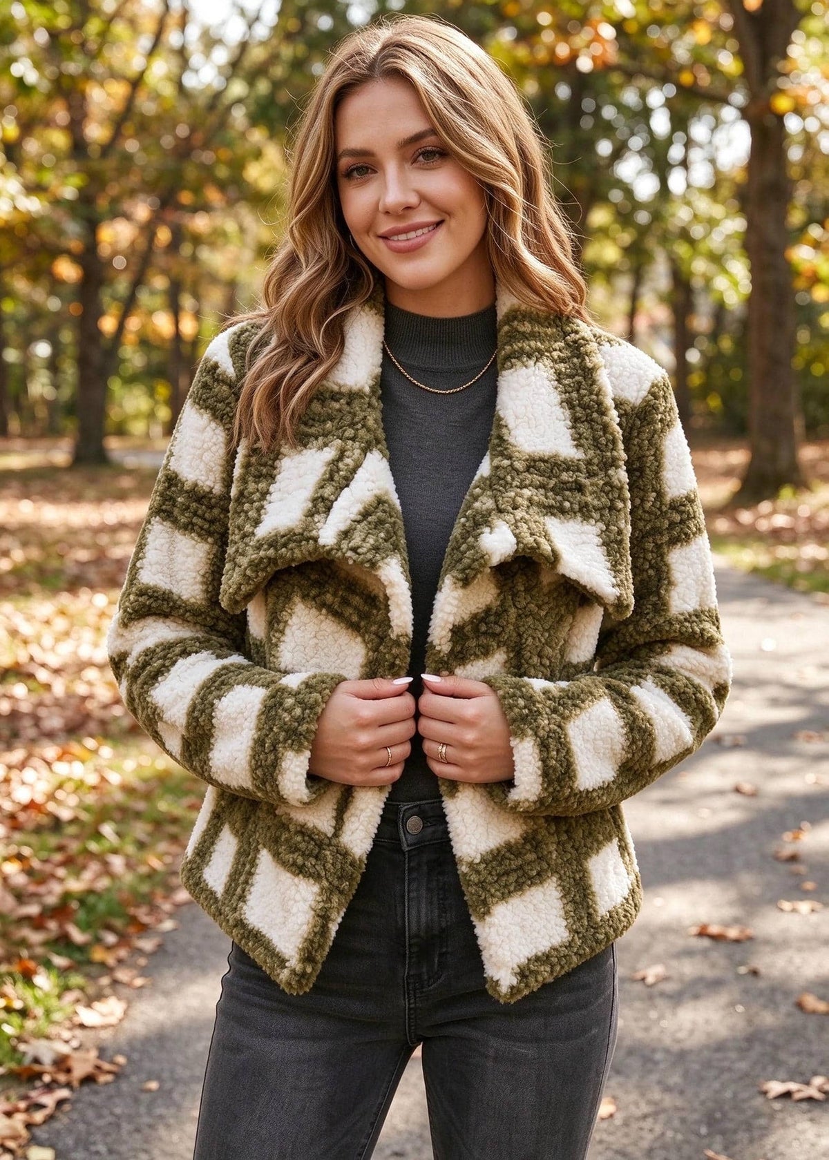 A woman wearing a textured, fuzzy open-front jacket with a green and cream geometric pattern, styled over a dark gray turtleneck and dark jeans, standing on an outdoor path surrounded by autumn trees.