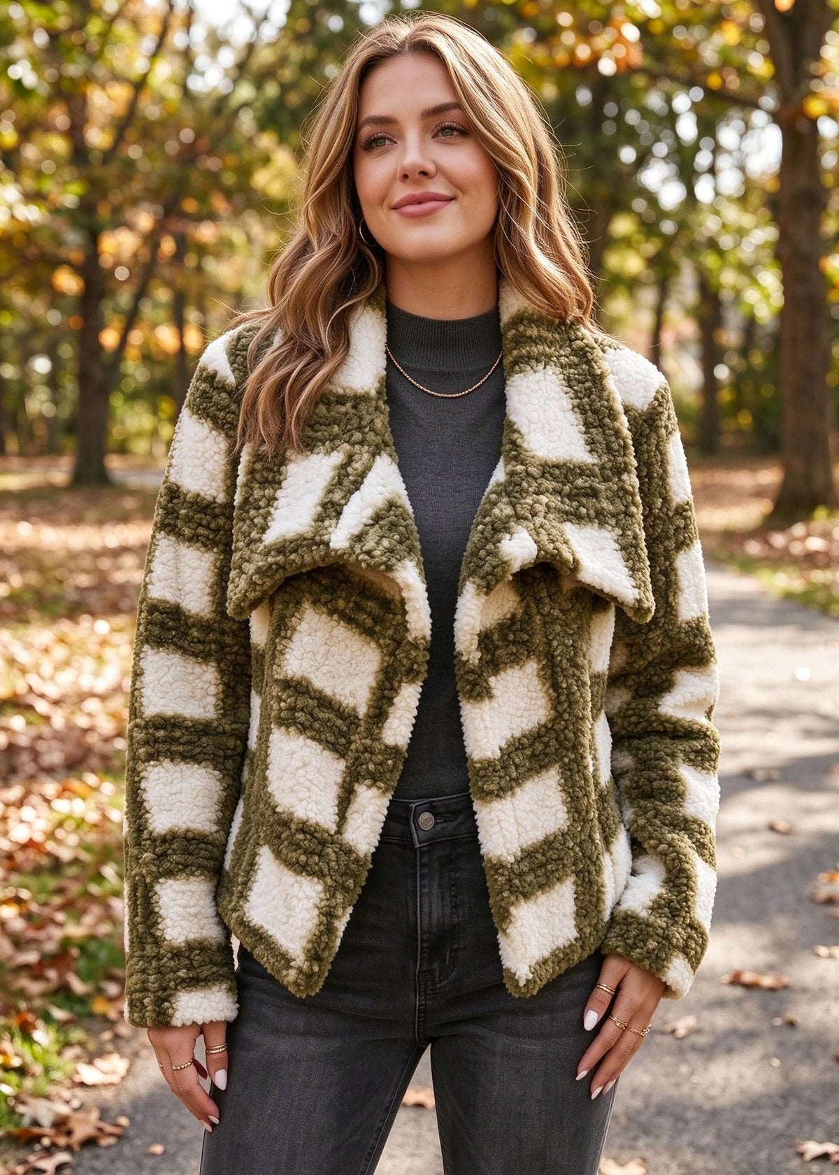 A woman wearing a fuzzy open-front jacket with a green and cream geometric pattern, styled over a dark gray top and black jeans, standing on an outdoor path with autumn trees in the background.