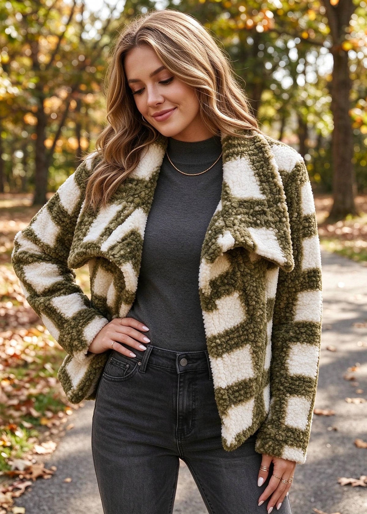 A woman wearing a fuzzy open-front cardigan with a green and cream geometric pattern, styled over a dark gray turtleneck and black jeans, standing on an autumn park path.