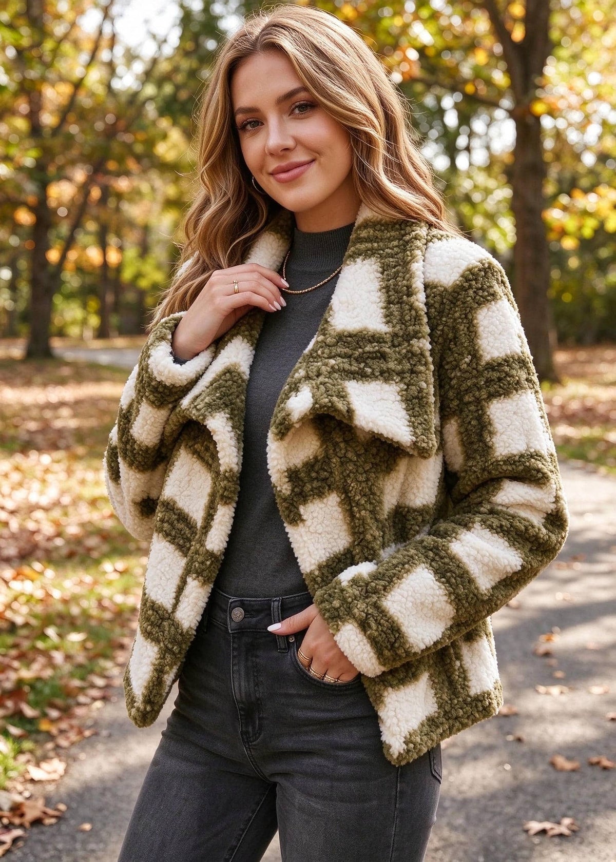 A woman wearing a fuzzy oversized cardigan with an olive green and cream geometric pattern, styled over a dark gray top and black jeans, standing on a path in an autumn park.