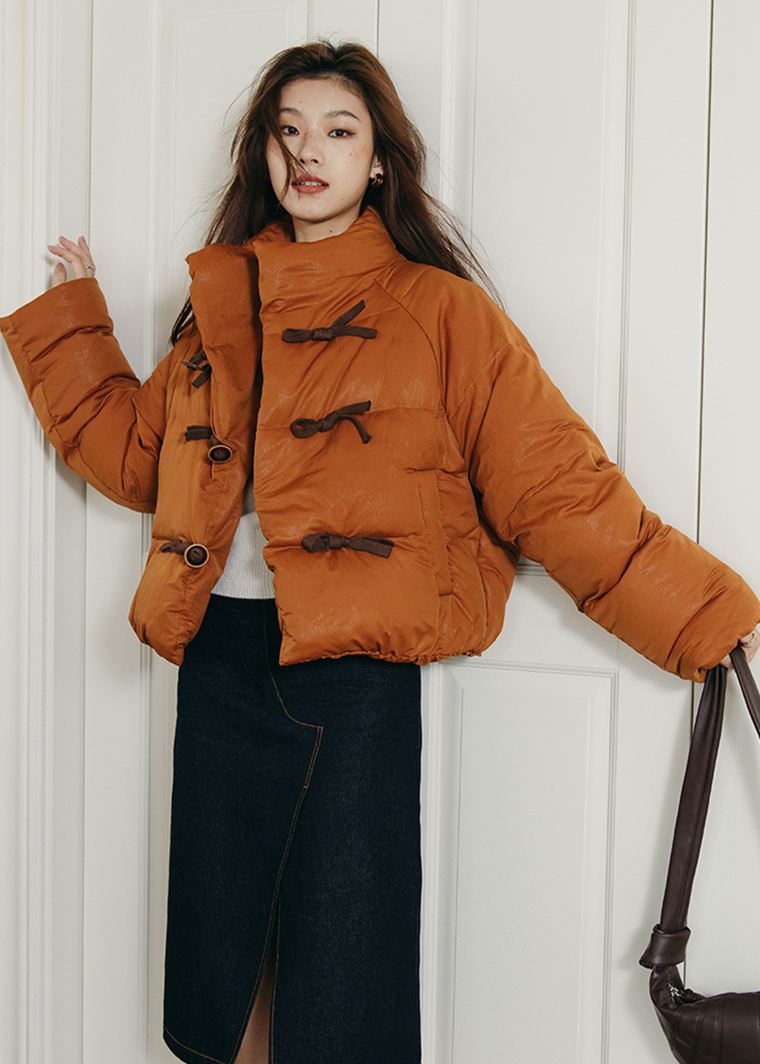 Women's Orange Stand Collar Short Down Puffy Coat