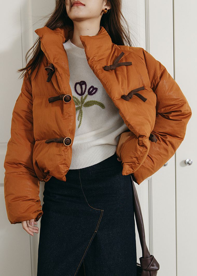 Women's Orange Stand Collar Short Down Puffy Coat