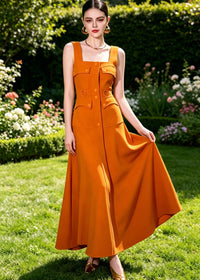 Orange Jute Button-Front Spaghetti Strap Maxi Dress