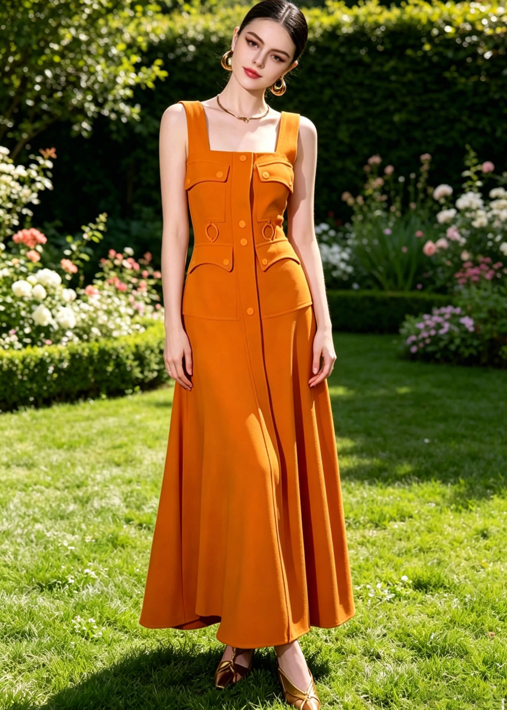 Orange Jute Button-Front Spaghetti Strap Maxi Dress