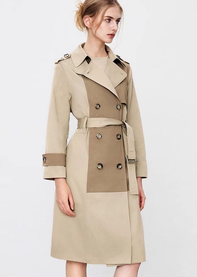 Patchwork Double Breasted Belted Long Trench Coat