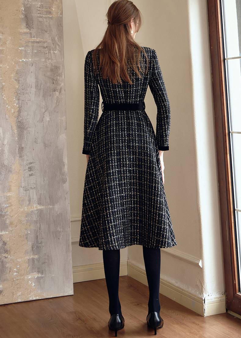 Shirley Black Long Sleeve Plaid Tweed Midi Dress | Handmade
