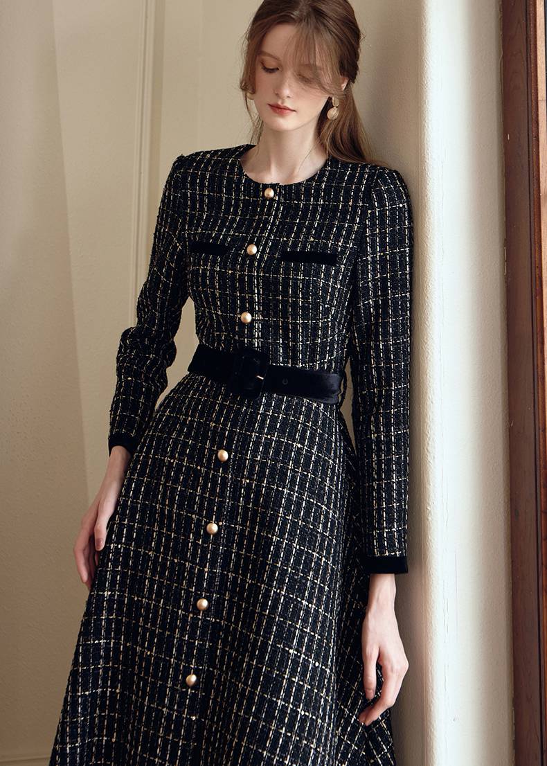 Shirley Black Long Sleeve Plaid Tweed Midi Dress | Handmade
